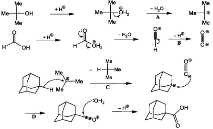 b:甲酸在强酸作用下形成一氧化碳 c:叔丁基正离子从金刚烷上得到一个